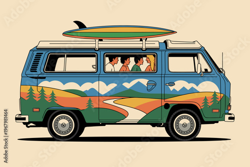 Vintage camper van illustration with surfboards on roof rack featuring retro mountain landscape art and a group of friends traveling together on a sunny road trip for summer vacation adventure and lei