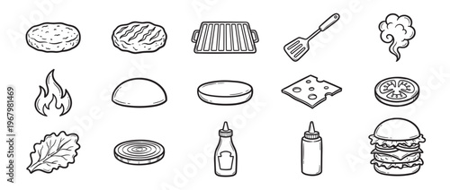 Collection of hand-drawn burger ingredients and cooking tools in black outline, showcasing various elements for a delicious meal
