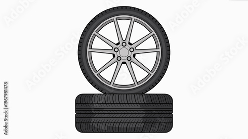Set of clean black car tires and alloy wheels displayed in flat vector style for automotive industry service icons workshop maintenance replacement concept garage repairs sales banner or modern transp