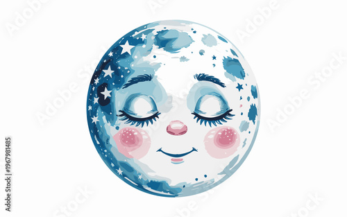 Sleepy Crescent Full Moon Character Illustration Featuring Cute Sleeping Expression with Soft Pink Cheeks and Smiling Mouth for Nursery Wall Art Decor Baby Room Backgrounds Dreamy Kids Bedtime Project