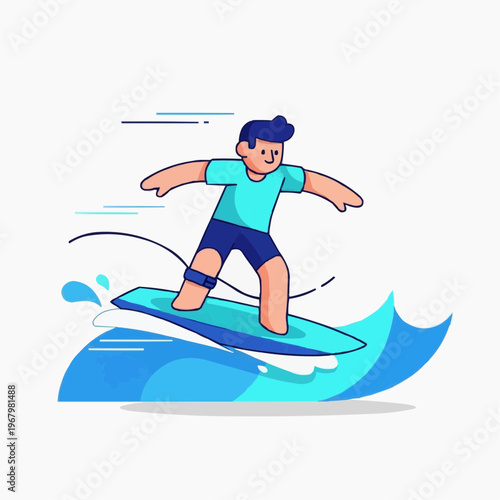 Dynamic vector illustration of a cheerful person enjoying the thrill of surfing on a blue wave, showcasing active water sports and recreational ocean adventure