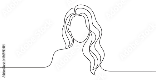 Continuous line drawing of a woman's head and shoulders with flowing wavy hair, depicted in a minimalist artistic style