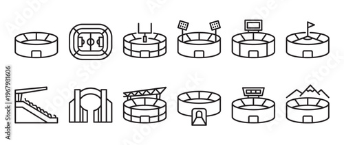 Collection of various stadium and arena line icons, depicting different sports venues and architectural styles
