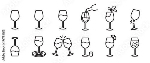 Collection of twelve simple black outline wine glass icons depicting various states and actions, including pouring, splashing, and toasting