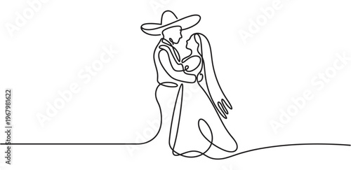 Continuous line drawing of a couple in traditional Mexican attire, embracing each other with love and tenderness