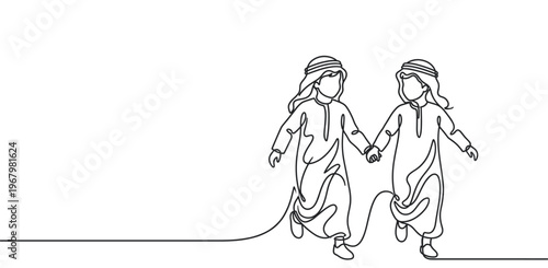 Two young Arab children wearing traditional thobes and ghutras are holding hands, depicted in a continuous line art style