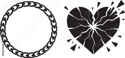 Set of broken heart and chain circle icons