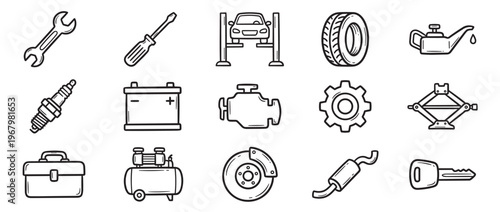 Collection of hand-drawn car service and repair tools and parts icons in a simple, clean, black and white line art style