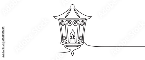 Single continuous line drawing of an ornate vintage lantern with a lit candle inside, rendered in a minimalist style
