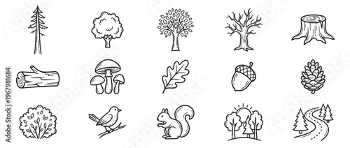 Collection of hand-drawn black and white forest elements, including various trees, plants, animals, and natural objects, presented in a simple doodle style