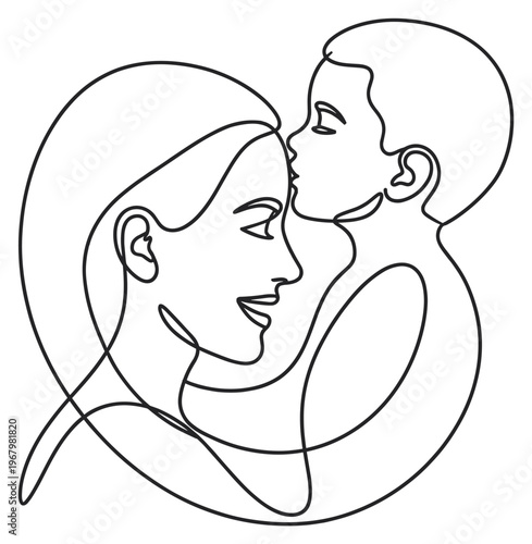 Mother and child are depicted in a continuous line art illustration, showing the child kissing the mother's forehead with affection