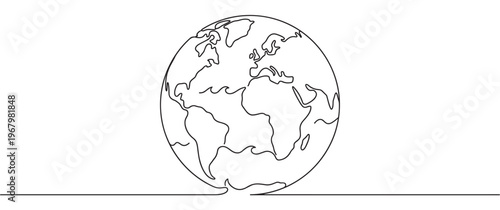 Continuous line drawing of the Earth globe with visible continents and oceans, rendered in a minimalist black and white style