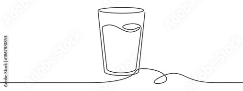 Simple black line drawing of a tall glass filled with liquid, created with a continuous single stroke on a white surface
