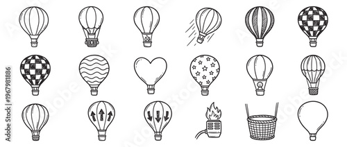 Collection of hand-drawn hot air balloon icons in various shapes and patterns, featuring a charming doodle style