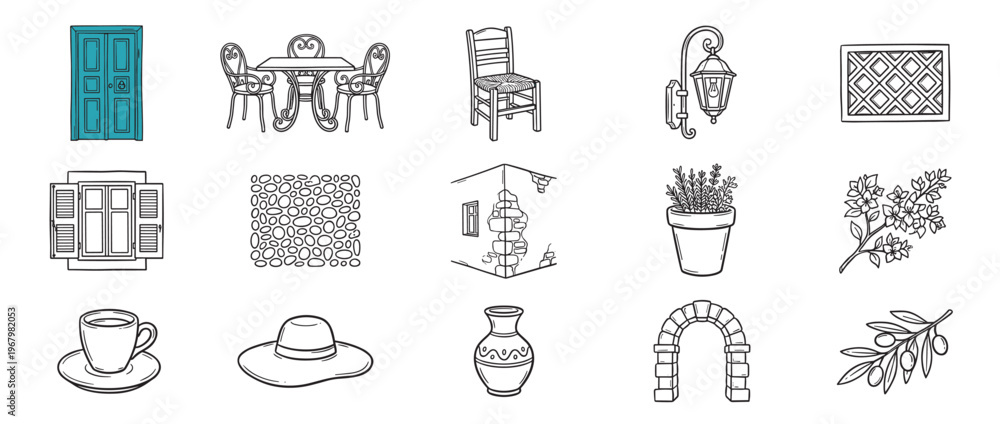 Fototapeta premium Collection of hand-drawn Mediterranean-themed elements including a blue door, patio furniture, potted plant, and olive branch, rendered in a clean line art style