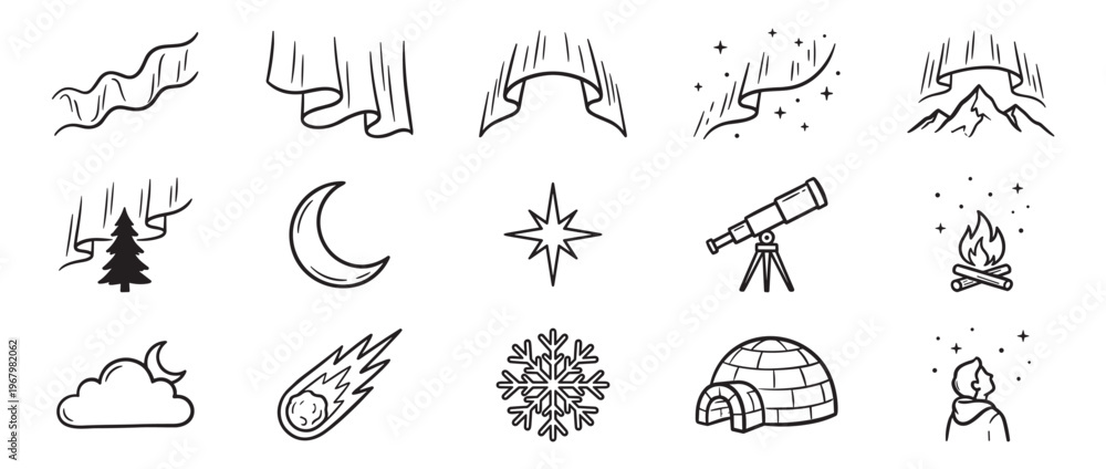 Obraz premium Collection of hand-drawn outline icons depicting various elements of the night sky and winter, including aurora borealis, stars, moon, and igloo