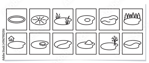 Collection of twelve simple black outline pond icons, each depicting a different natural or artificial water feature