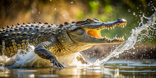 Crocodile is attacking in a river, with water splashing around. Its mouth is open, showing sharp teeth. This scene takes place during daylight hours, highlighting its hunting behavior