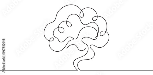Minimalist continuous line drawing depicts an abstract human brain, symbolizing thought, creativity, and mental processes with elegant simplicity