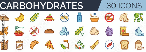 A colorful collection of carbohydrate food icons, illustrating diverse food sources and dietary options