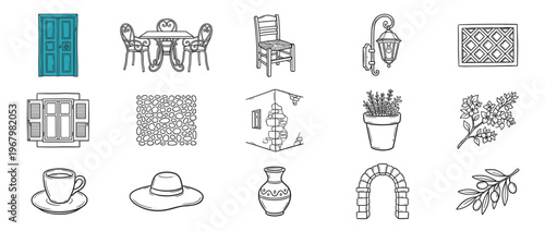 Collection of hand-drawn Mediterranean-themed elements including a blue door, patio furniture, potted plant, and olive branch, rendered in a clean line art style