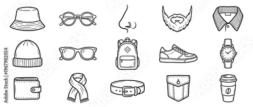 Various hand-drawn black and white illustrations of men's fashion accessories and personal items, presented in a clean, graphic style