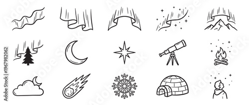 Collection of hand-drawn outline icons depicting various elements of the night sky and winter, including aurora borealis, stars, moon, and igloo
