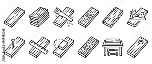 Collection of various wood planks and woodworking tools depicted in a clean, isometric outline style on a white surface