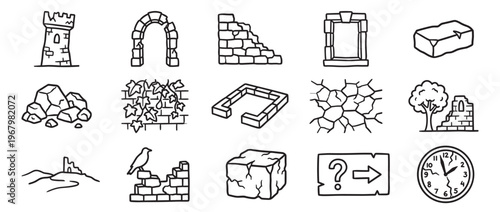 Collection of hand-drawn black outline icons depicting various ancient ruins and weathered objects, presented in a simple, illustrative style