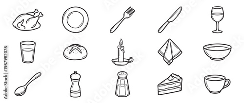 Collection of hand-drawn black and white dining and food icons, including a roasted chicken, plate, fork, knife, wine glass, water glass, bread, candle, napkin, bowl, spoon, pepper mill,