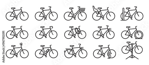 Collection of fifteen black outline bicycle icons depicting various types and accessories in a clean, minimalist style
