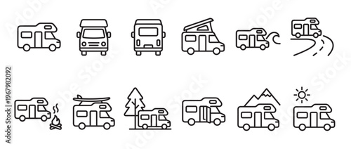 Collection of black outline icons depicting various recreational vehicles and motorhomes in different travel scenarios