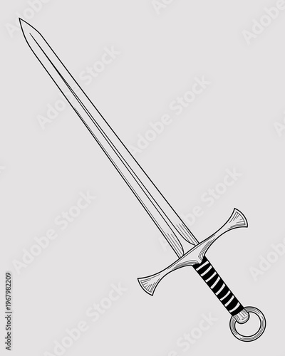 A classic medieval longsword illustrated in a minimalist line art style on a neutral background, representing fantasy roleplaying games, historical warfare, weaponry design, martial arts, adventure, h