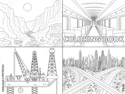 A Four Panel Coloring Book Page Featuring Various Scenes Including a Nature Canyon Landscape, Passenger Train Interior Perspective, Oil Rig Industrial Platform and a Busy Urban City Highway Transporta