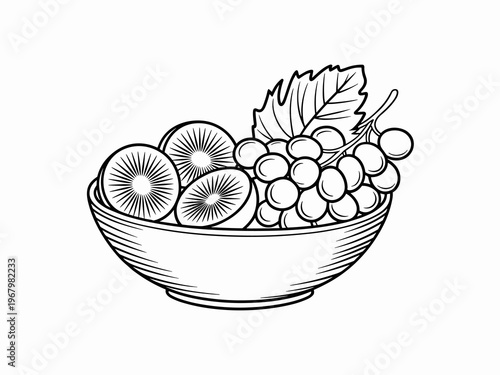 A refreshing bowl of sliced fresh kiwi fruit and organic grapes with a green leafy vine illustration design for a healthy summer diet meal concept isolated on a white background in clean line art styl