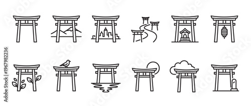 Collection of twelve black outline Japanese torii gate icons, each depicting a different scene or element