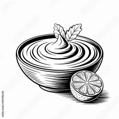 A detailed black and white line art illustration of a bowl filled with creamy zesty citrus dip garnished with fresh mint leaves next to a halved lime slice, representing gourmet culinary art food desi