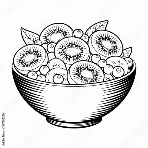 Black and white hand drawn illustration of a bowl filled with fresh sliced kiwi fruits and organic blueberries for healthy lifestyle nutrition concepts, isolated vector art design for coloring page pr
