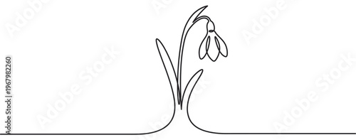 Delicate single line art drawing of a snowdrop flower with its stem and leaves, rendered in a minimalist style