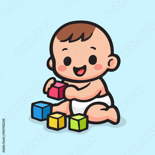 Smiling cartoon baby playing with colorful building blocks, illustration for early childhood development