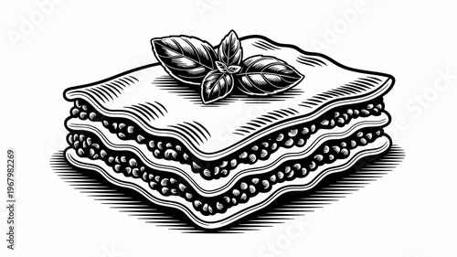 A detailed monochromatic illustration of a delicious stacked lasagna slice topped with fresh aromatic basil leaves, showcased in a classic vintage engraving style perfectly suited for menus and culina