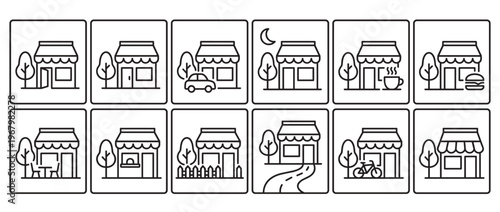 Collection of twelve simple outline icons depicting various small shops and businesses with different elements