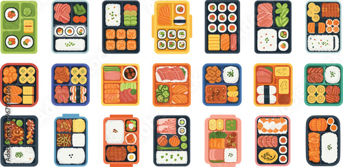 Diverse Bento Box Vector Set Featuring Traditional Japanese Lunch Meals with Sushi Rice Salmon Vegetables Gyoza and Tamagoyaki for Culinary and Meal Prep Designs