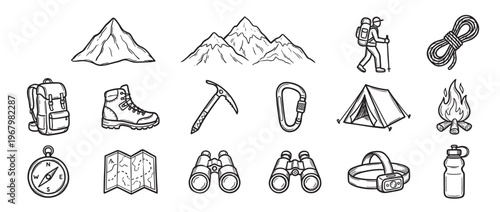 Collection of hand-drawn black and white doodle icons representing various outdoor adventure and camping equipment