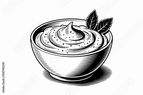 Black and white hand drawn illustration of cream sauce in a small bowl with refreshing mint leaf garnish for gourmet culinary menu design, featuring smooth textured dip for elegant restaurant food bra