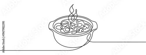 Continuous line drawing depicts a steaming bowl of hot food, possibly noodles or soup, in a simple, minimalist style