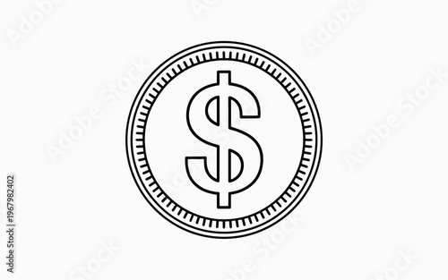 A crisp, minimalist black and white line art vector icon of a classic US dollar coin, featuring clear currency signage, representing financial wealth, banking investment, savings, and global trade con