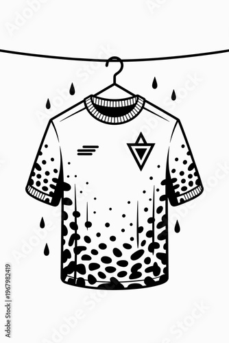 A graphic illustration of a soccer jersey hanging on a clothesline drips with excess water after a heavy rainy training session in a minimalist vector style representing sports laundry and active life