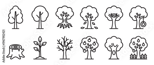 Collection of various tree outline icons, including different shapes, roots, leaves, fruits, and a tree stump
