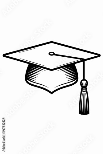 Black and white graduation cap illustration featuring a classic mortarboard and academic tassel for educational ceremonies university commencement achievement celebration design concepts isolated on w